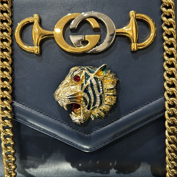 ✨Gucci Rajah Chain Shoulder Bag Leather Medium Blue Handbag Bag - Picture 7 of 16